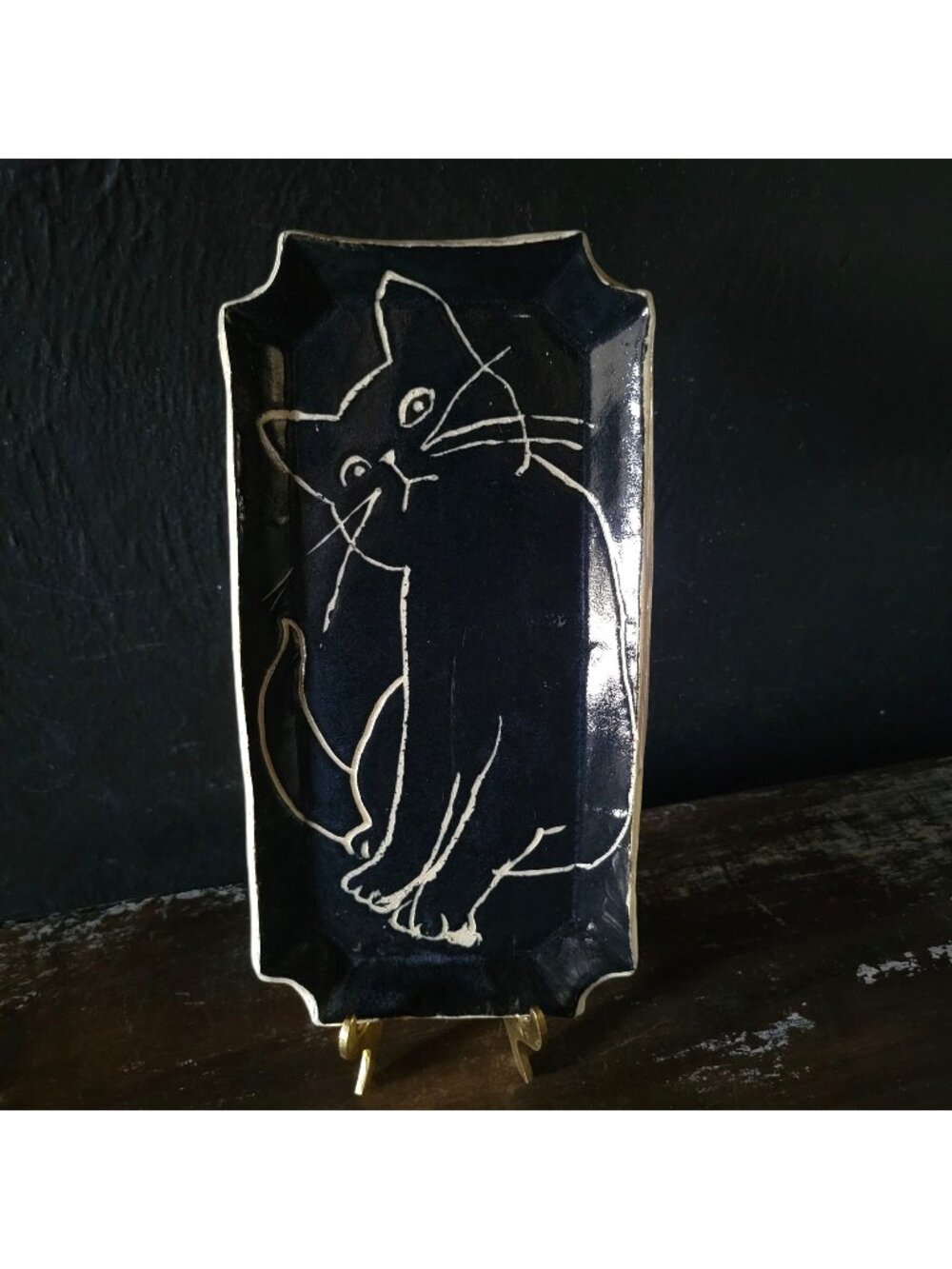 Vintage Studio Pottery Black Ceramic Plate With Cat Illustration, Cat Lover Gift